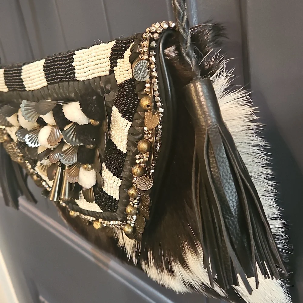 Anthropologie Ibban Calf Hair‎ Leather Black and White Beaded Women's Purse.